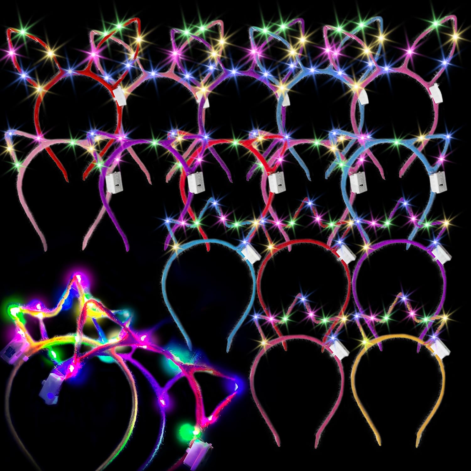 24pcs LED Cat Ear Headbands, Light Up Cat Ear Crown Rabbit Headwear Accessories for Halloween Christmas Party Supplies