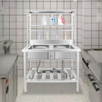 2-Compartment Commercial Sink with Shelves Over & Drying Rack Underneath,Stainless Steel Sink Double Basin with Drain, Freestanding Utility Sink for Restaurant, Laundry Room