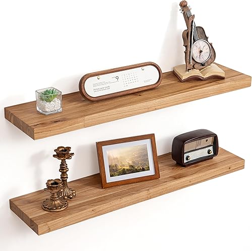 Miniatura 8 de Estantes flotantes para decoración de pared, estantes flotantes rústicos de madera maciza de olmo con borde vivo, estantes de pared con soporte