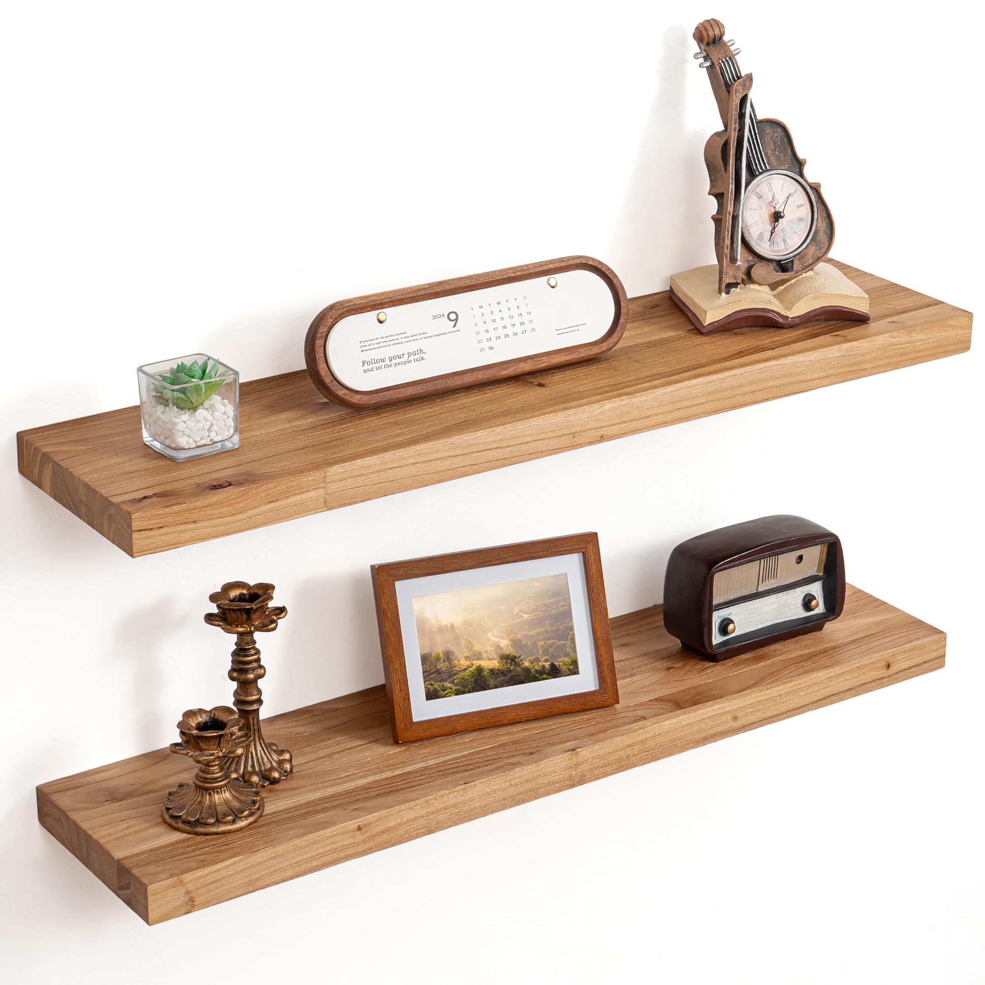 Floating Shelves for Wall Decor, 8" Deep Rustic Solid Elm Wood Floating Shelves Wall Mounted, 80CM Wall Shelves with Invisible Bracket for Living Room Bathroom Bedroom Kitchen, Set of 2, Natural