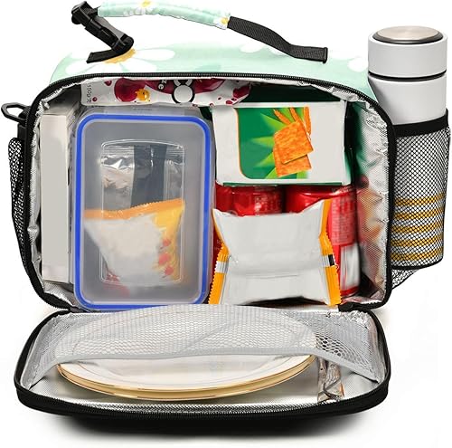 Miniatura 2 de Aslsiy Bolsa de almuerzo para mujer, diseño de margaritas, flores, campo, menta, verde, aislante, con correa de hombro ajustable, para oficina,