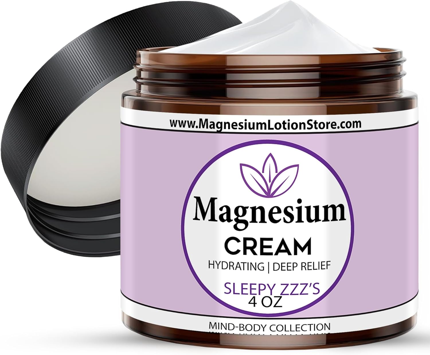 Magnesium Cream with Sleepy Zzz’s Essential Oil Scent, Topical Cream for Sleep, Leg Cramps & Pain, Muscle Relaxation, Calm, Moisturizing Supplement with Coconut Oil, Shea Butter, Aloe, 4 oz USA Made
