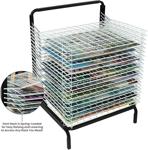 Creative Mark Stack N Dry Floor Art Drying Rack, Mobile Art Rack Stand on Wheels with 20 Coated Metal Spring-Loaded Shelves, for Watercolor, Prints, Paper and Canvas Storage