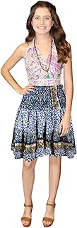Women's Blue Smocked Waist Silk Skirt – Ruched Recycled Boho Summer Beach Skirt S/M