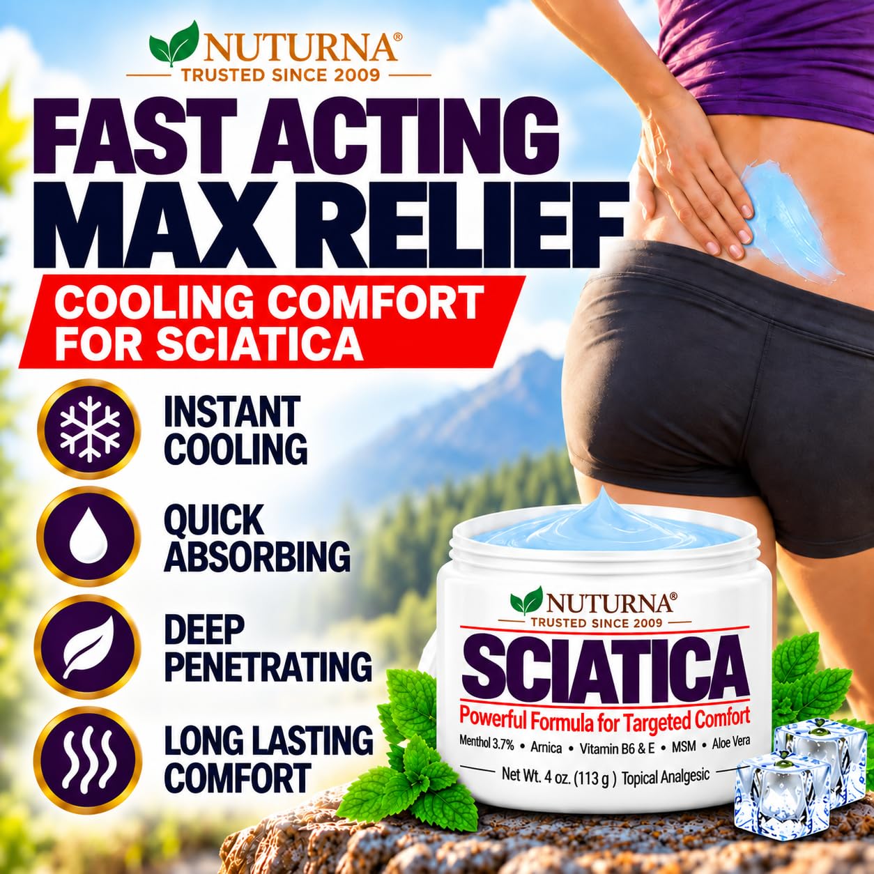 Sciatica Nerve Cream - Maximum Strength Comfort Cream for Feet, Hands, Legs, Toes, Back - Natural Ultra Strength Arnica, MSM, Menthol, Soothing Comfort, Large 4 Oz — Amazon image 3