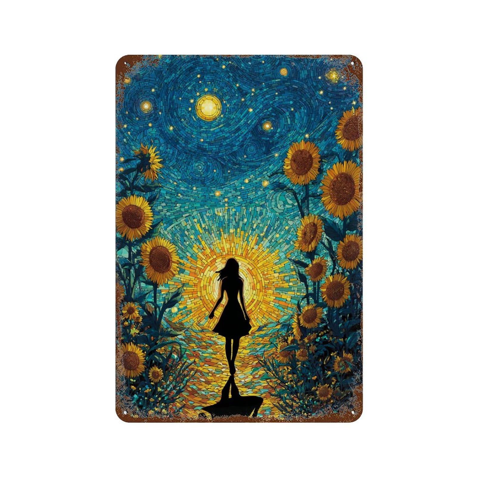 Garage Style Starry Night Sunflower Pathway -1 Weathered Tin Sign 11.8"x7.9", Farmhouse Wall Decor for Bar And Workshop