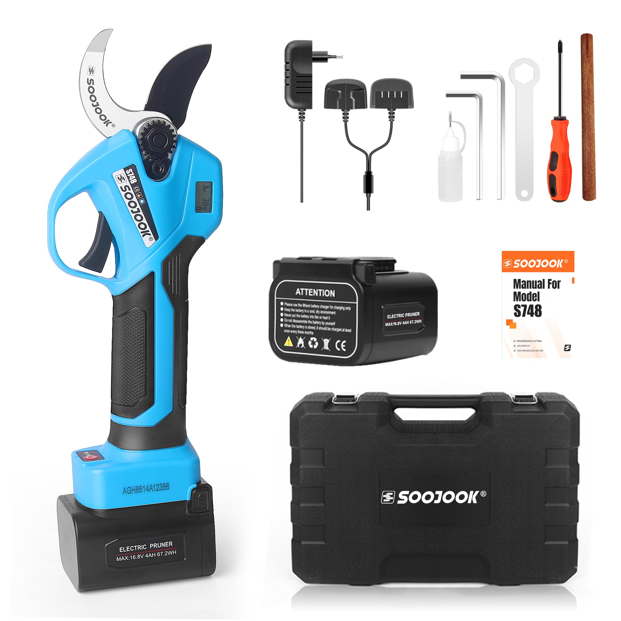 Tijeras de Podar Electricas 35mm - S748 Tijeras de Podar Bateria con Control Progresivo, 2×4000mAH Batería de Litio Tijeras de Podar Profesionales para Olivos, Viñedos y Agricultura