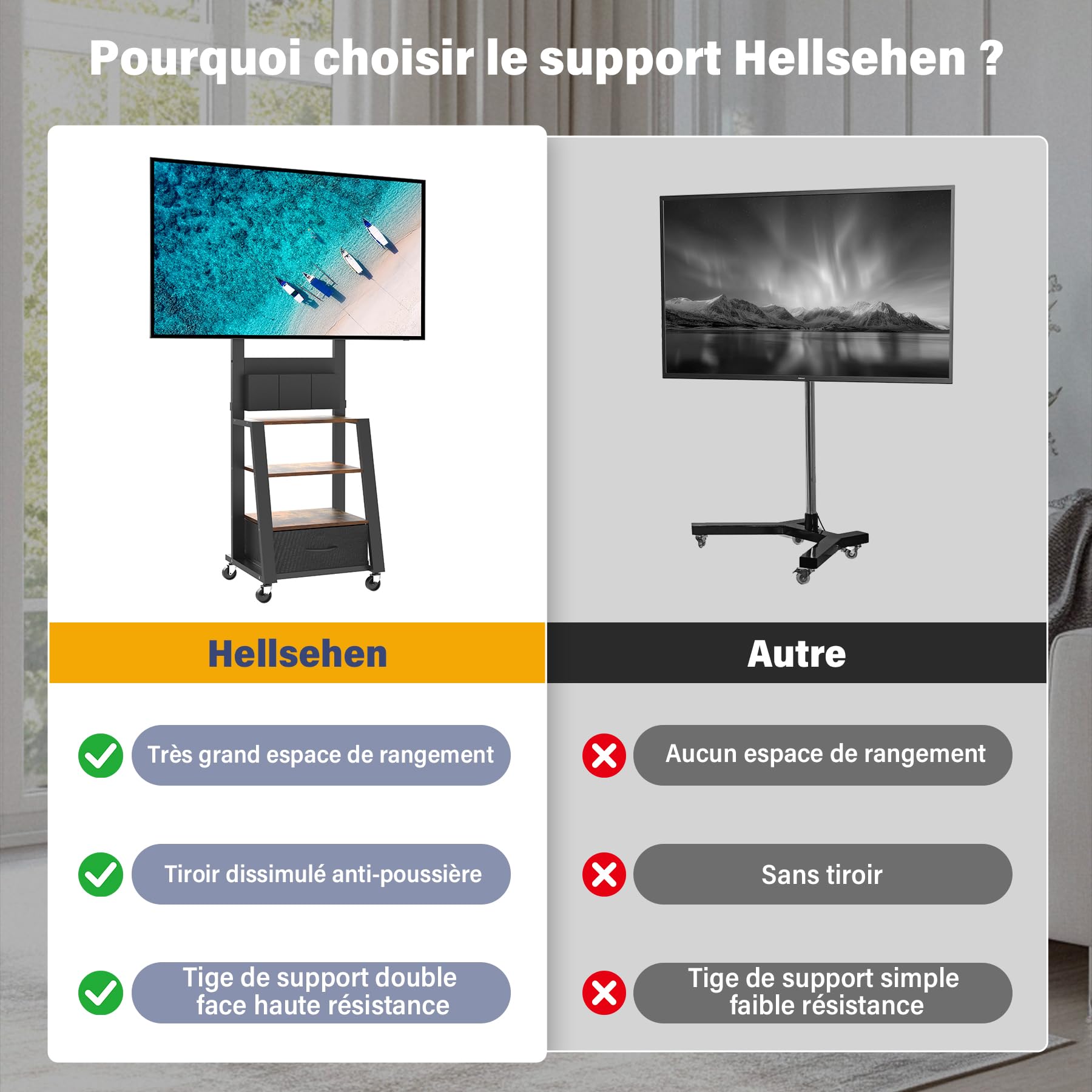 Support TV à roulettes avec tiroir et 3 Niveaux, Plats/incurvés de 23"-60" LCD/LED/OLED. Hauteur réglable Chariot TV Mobile avec roulettes pour Maison, Bureau et l'extérieur. VESA Max 400 x 400 mm