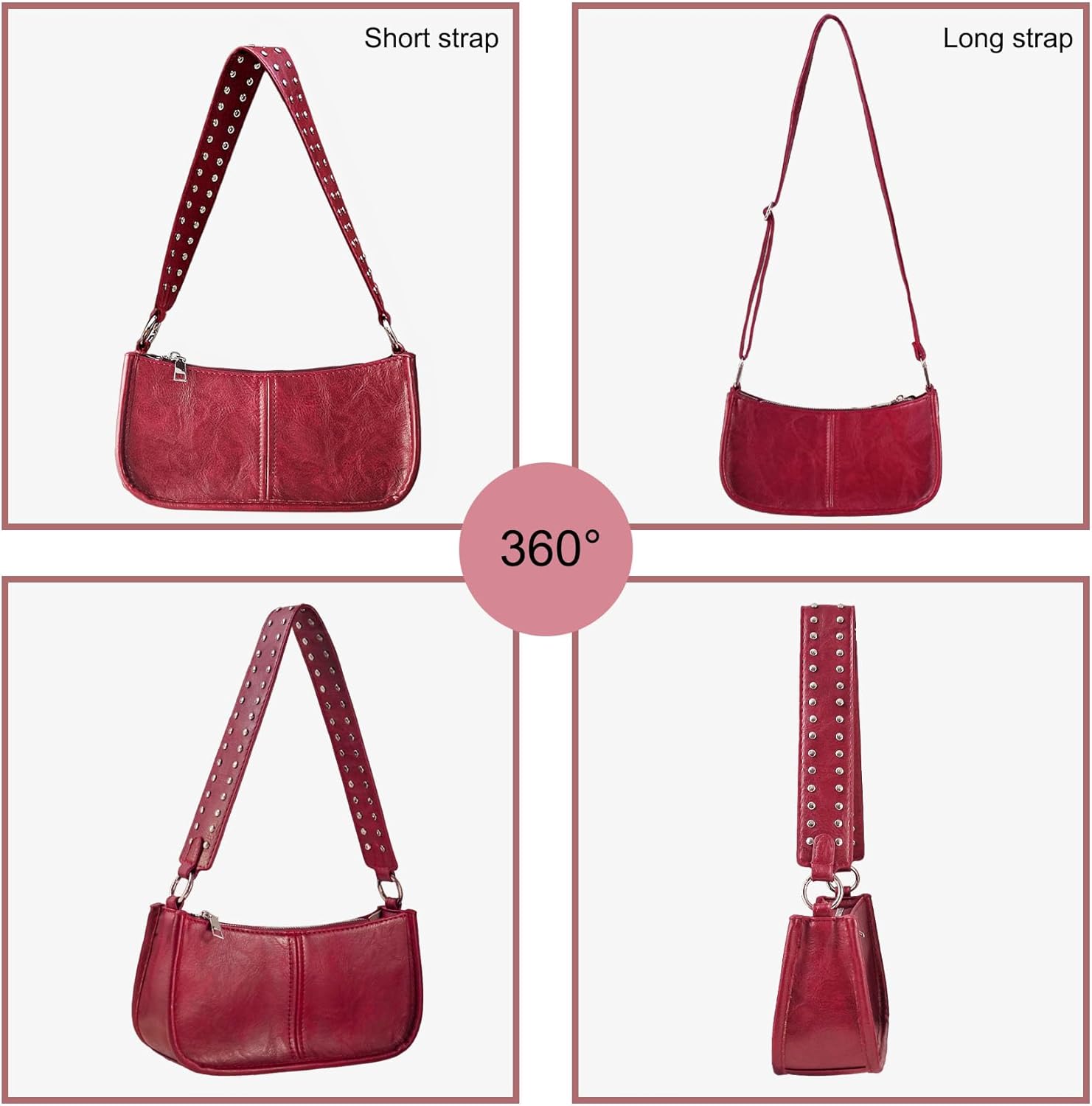 Shoulder Bags for Women - Retro Y2K Studded Crossbody Clutch with 2 Removable Straps Burdundy Purse Crossbody Bag Clutch Tote Leather Handbag (Burgundy)