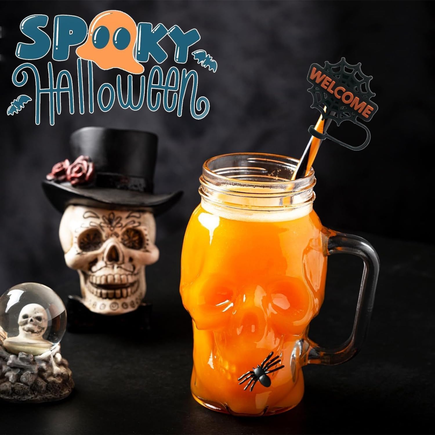 JVNX Halloween Straw Covers – 6Pc Reusable Silicone Straw Toppers for 30 & 40oz Tumblers | Fits 0.4" Straws | Cute Pumpkin, Bat Designs | Stanley Cup Accessories
