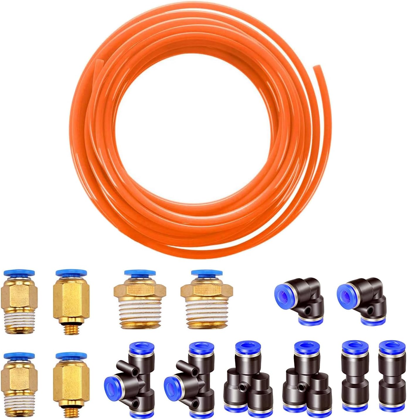 HUAZIZ 10 Meter PU Pneumatikschlauch Pneumatic Polyurethane Schlauch Flexibel Druckluftschlauch Außen 6mm x Innen 4mm Orange, 8 Stück Pneumatikverbinder Air Push-Schnellkupplungen (Y/T/L/I förmig)