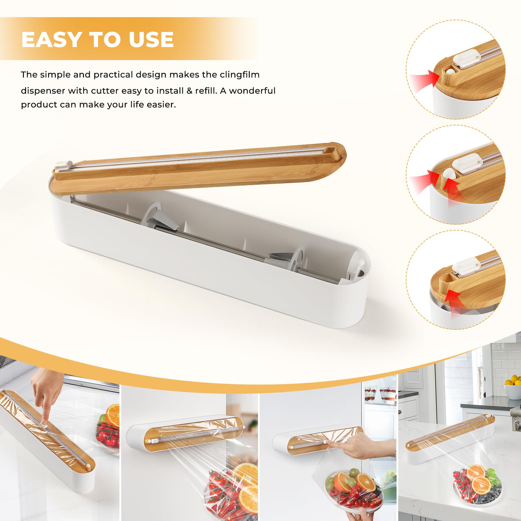 Derouleur Film Alimentaire - Fixation Magnétique et Murale sans Perçage, Distributeur Papier Aluminium et Film pour Organiser la Cuisine - Convient aux Rouleaux jusqu'à 31cm, Style Bambou