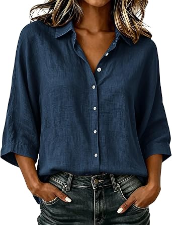 Linen Button Down Shirt Women Collared 3/4 Sleeve Flowy Tops Business Casual Cotton Shirts Dressy Work Travel Blouses