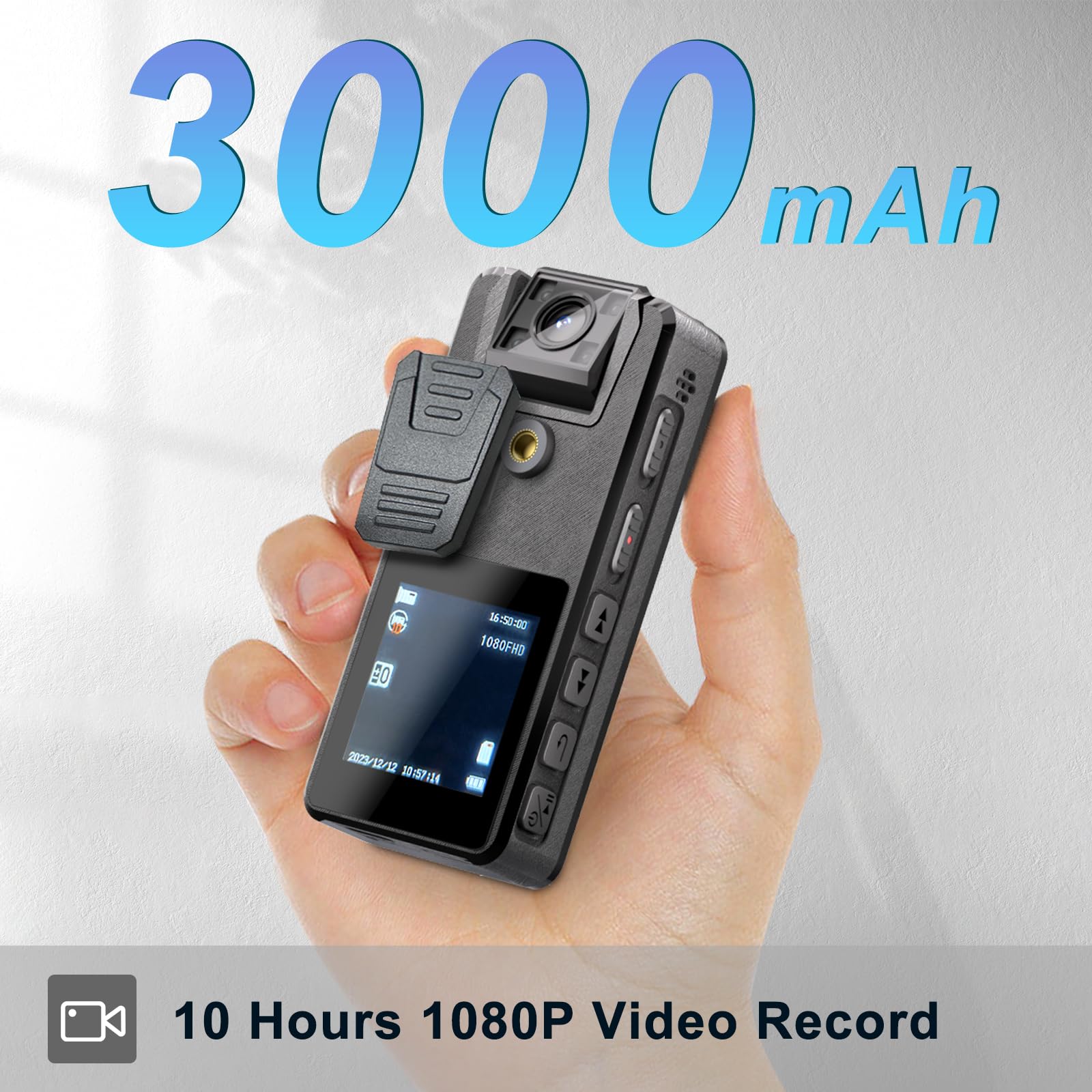 Caméra de Corps 64Go Avec Audio, 1296P Corporelle de Police (2500mAh) - Objectif Rotatif 180° et 3 Clips Robustes - Pour Livraison, Equitation, Intérieur
