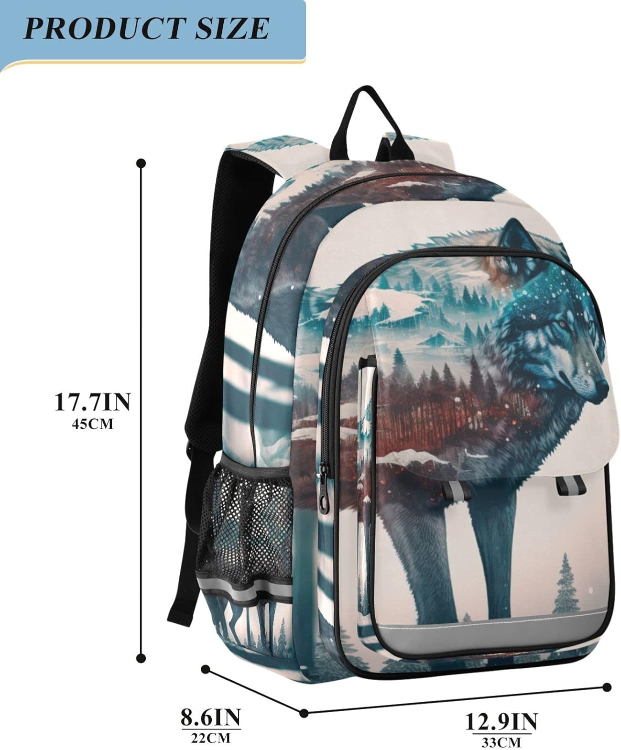 Vnurnrn Kids Backpack Art Forest Wolf Print Big Storage Multi Pockets 17.7 IN School Backpack with Chest Buckle Reflective Strip for Boys Girls 6+ years in Primary Middle High School