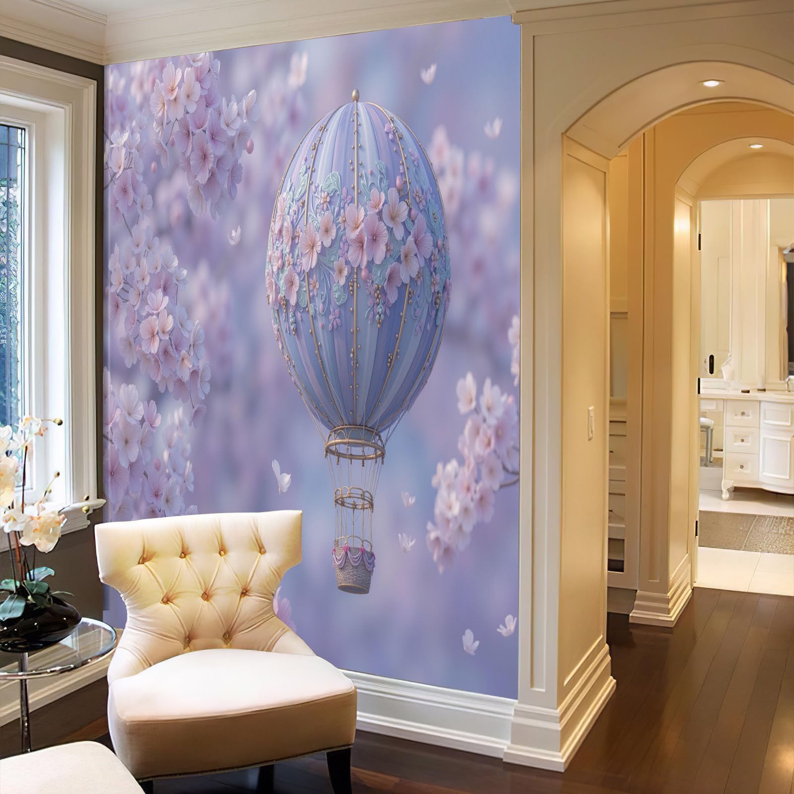 Papier Peint Panoramique Montgolfière Sakura, 250X175Cm (Lxh), Tapisserie Poster Geant Mural Rose Blush, Personnalisé 3D Pour Salon Chambre D'Enfants Décoration Murale Paysage De Rêve