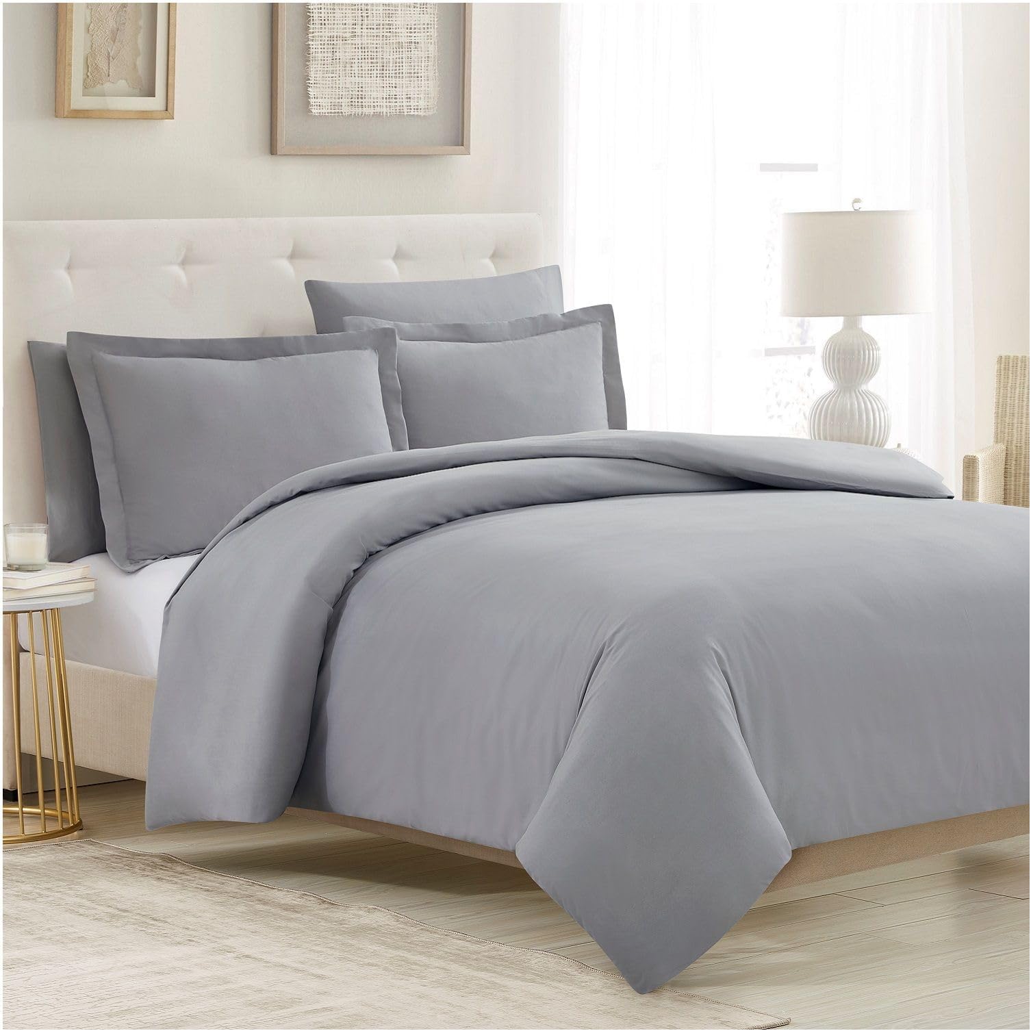 Duvet Cover Set - 5 PC Iconic Collection Bedding Set - Hotel Luxury, Extra Soft & Cooling - Microfiber - Button Closure and Corner Ties (Queen, Light Gray)