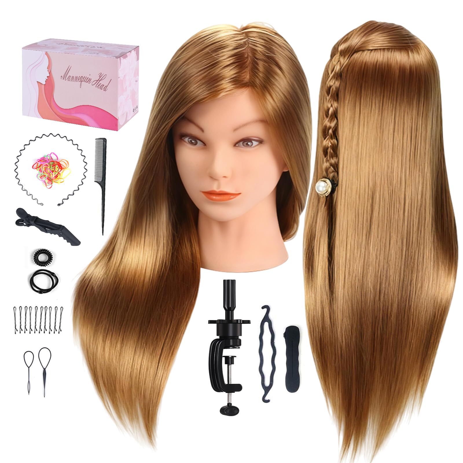 Beauty Star Mannequin Head, 20 Inch Long Gold Hair Cosmetology Mannequin Manikin Training Head Model Hairdressing Styling Practice Training Doll Heads with Clamp and Accessories