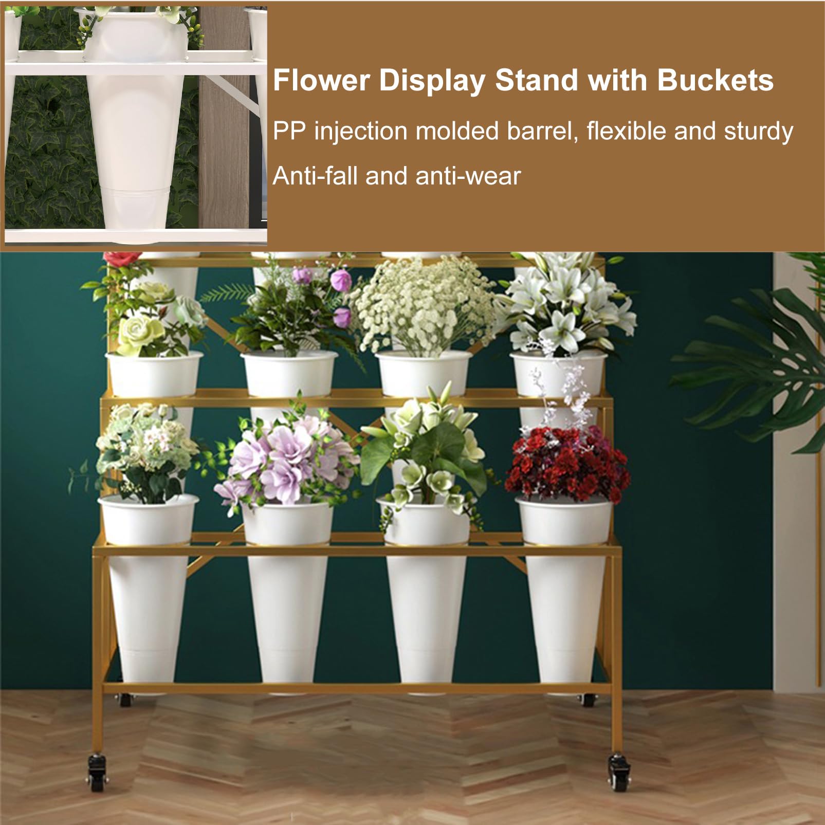 Robusto Carrello portafiori con secchi, scaffale Mobile per Piante su Ruote, Ideale per fioristi, allestimenti per Eventi, espositore per Negozi di Fiori, Carrello in Metallo Versatile