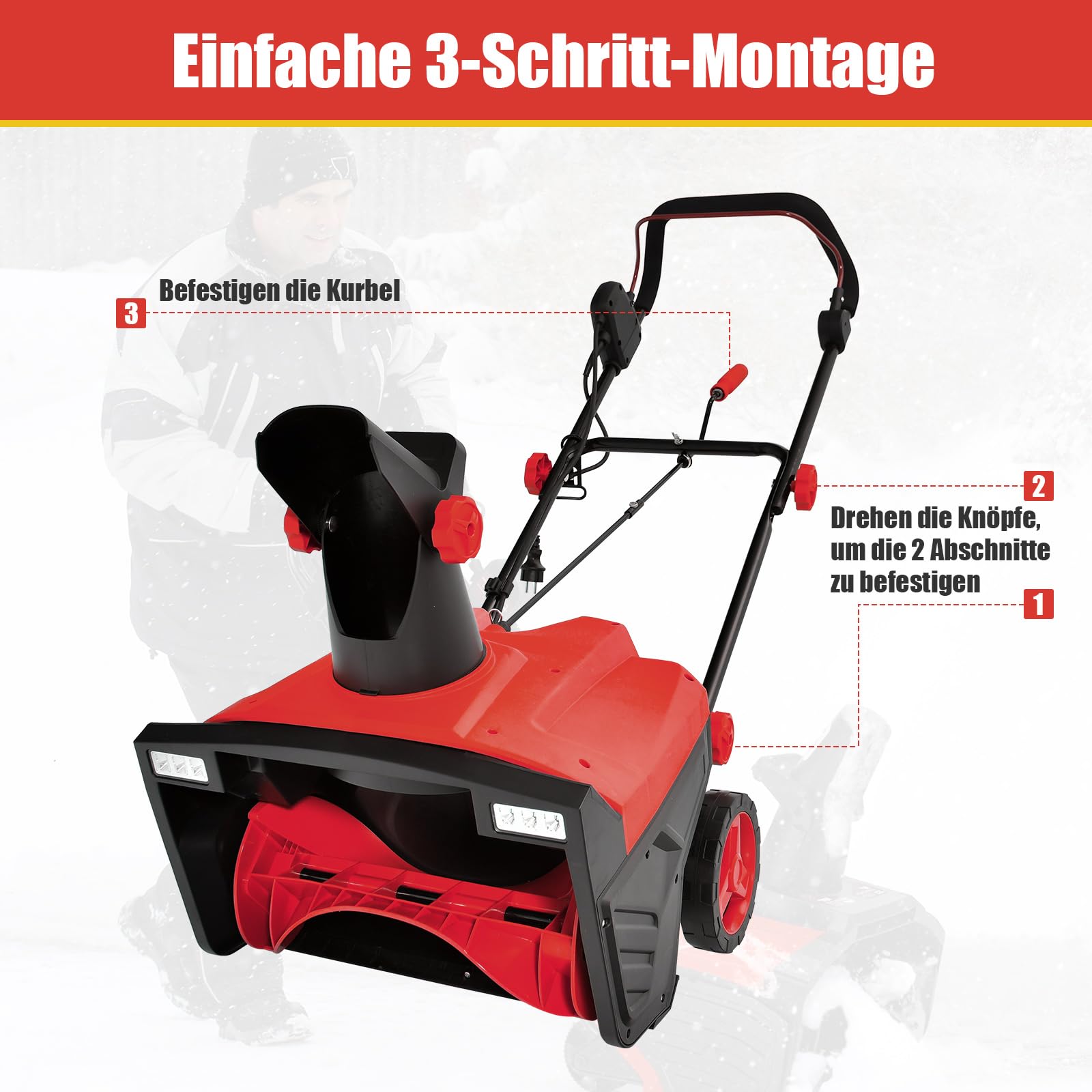 COSTWAY Elektryczna odśnieżarka z diodami LED i silnikiem 15 A, szerokość robocza 50 cm, wysokość robocza 25 cm, przewodowa maszyna do odśnieżania ze zjeżdżalnią obracaną o 180° i zasięgiem wyrzutu 9