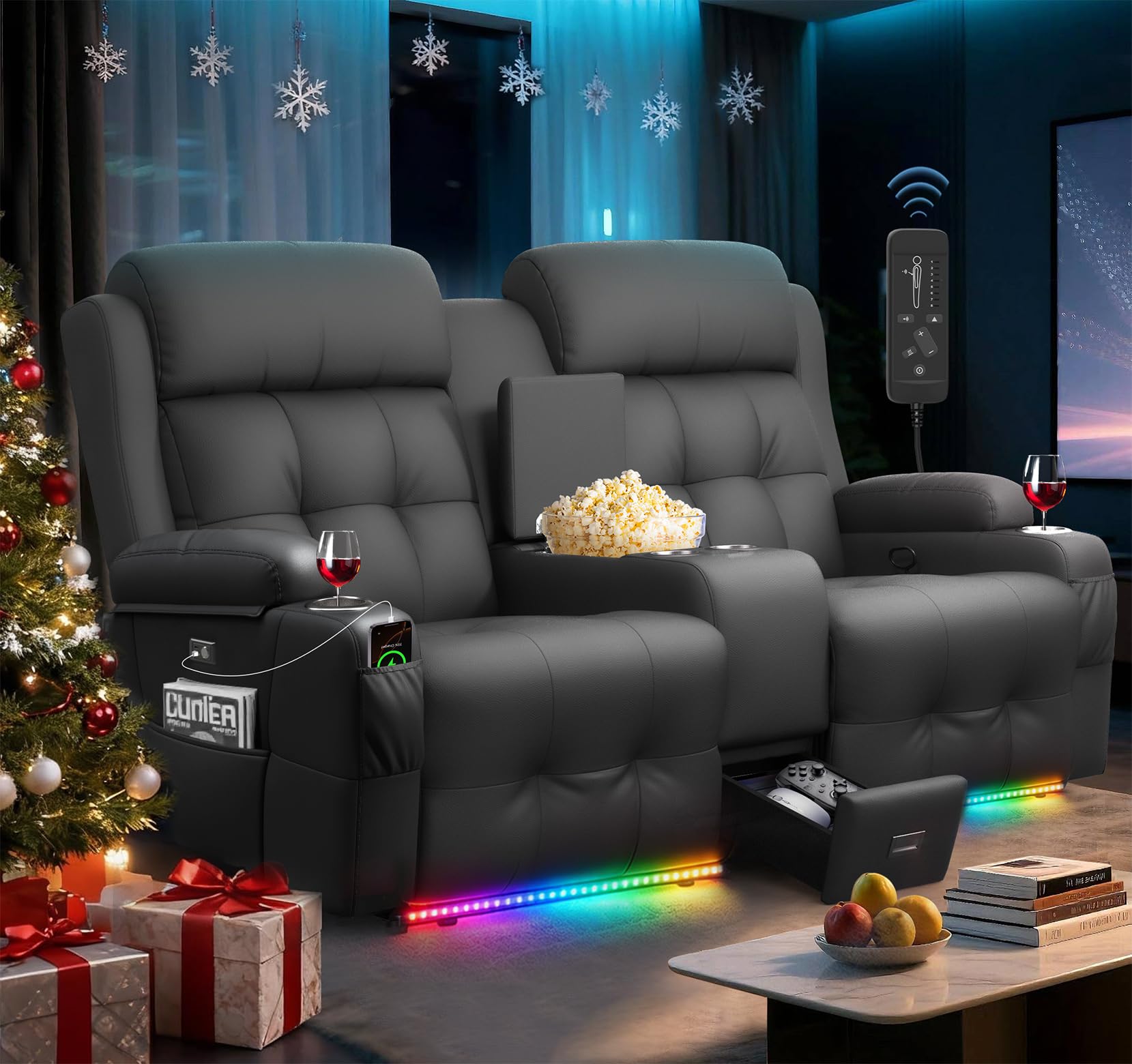 RV Loveseat Recliner Sofa, Home Theater Seating with Console &amp; Massage