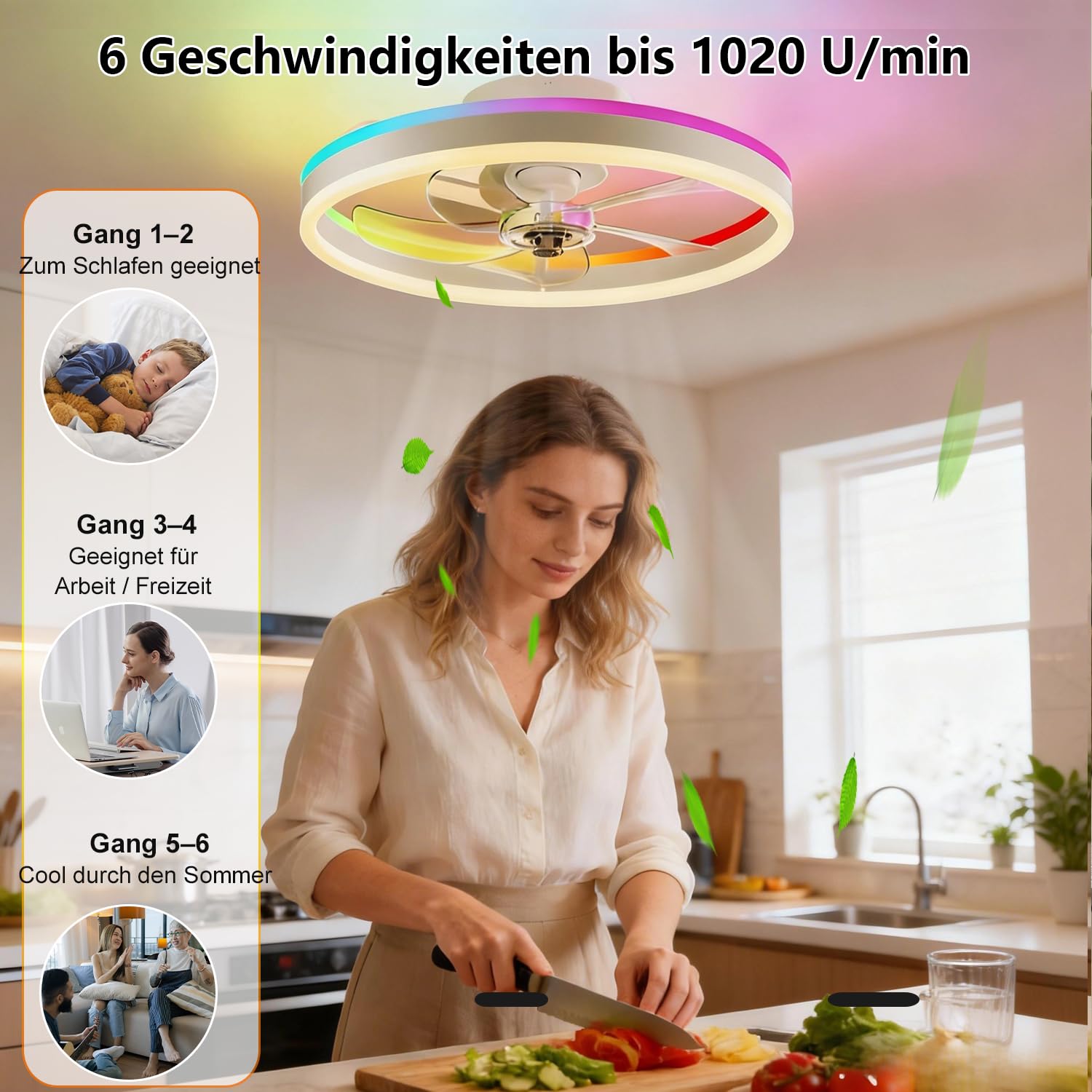 RGBCW-Deckenventilator mit Licht, 50CM Unterputz-Low-Profile-Smart-Ventilator-Licht-App und Fernbedienung, 6 Geschwindigkeiten umkehrbar, dimmbar RGB-Ambiente Deckenleuchte für Schlafzimmer Wohnzimmer