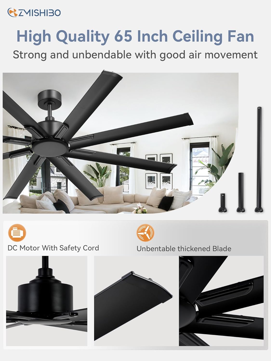 Close-up of ZMISHIBO 65 Inch Industrial DC Motor Ceiling Fan blades and motor housing