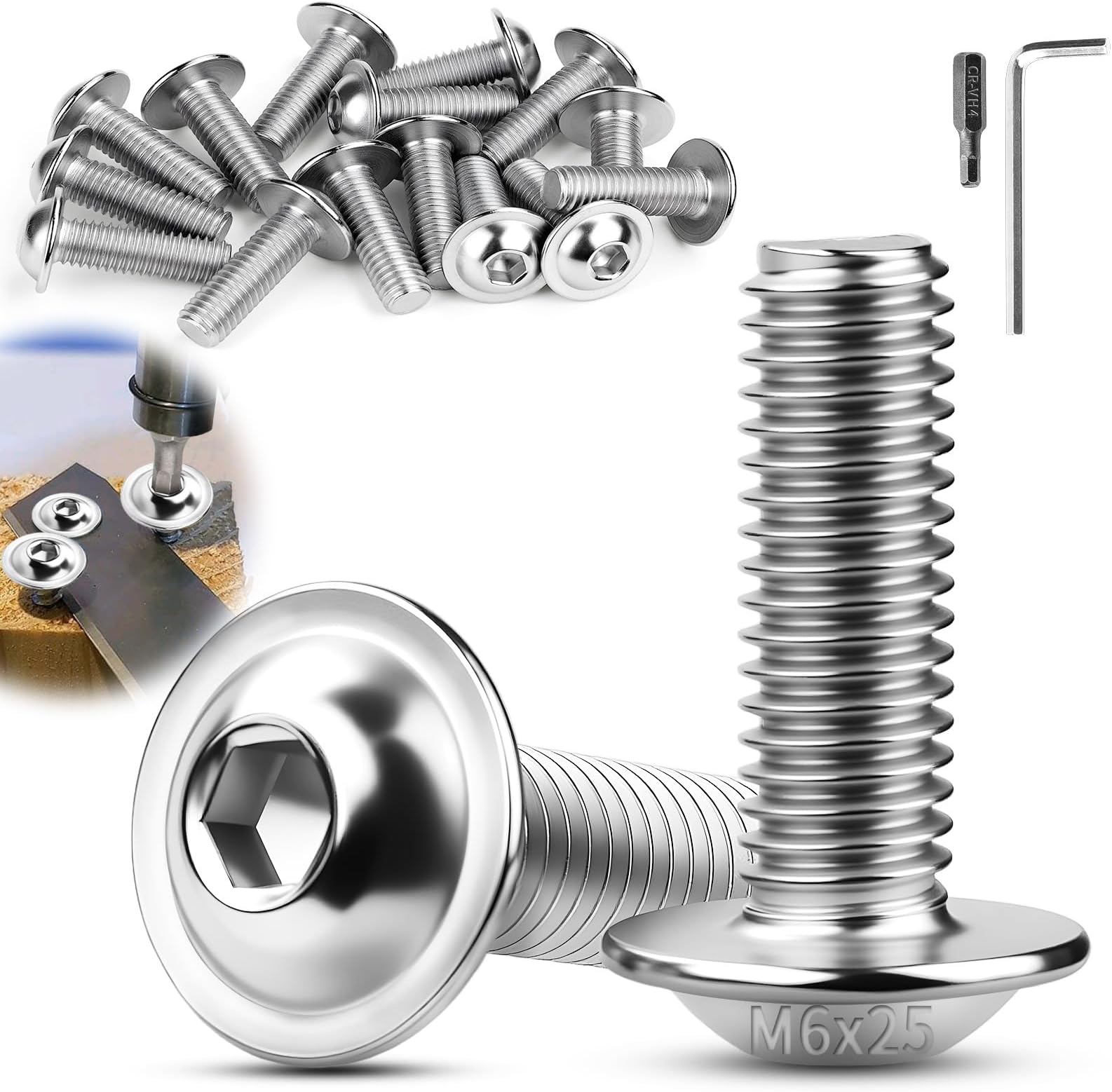 M6 Bolts, M6x25 mm Flanged Button Head Socket Cap Screws, 30 Pcs Pan Head Screws, 304 Stainless Steel Bolts with Allen Key & Bit for Furniture, Motorbike Fairings, Outdoor Garden & 3D Printers