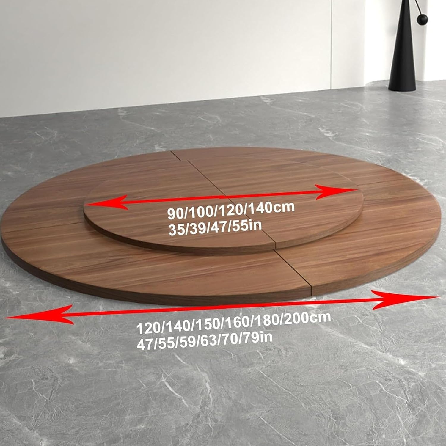Double Layer Large Round Folding Tabletop, 4-Fold Foldable Round Table Top Extender with Rotating Disc, Home Round Dining Tables(Brown,140cm/55in+90cm/35.4in)