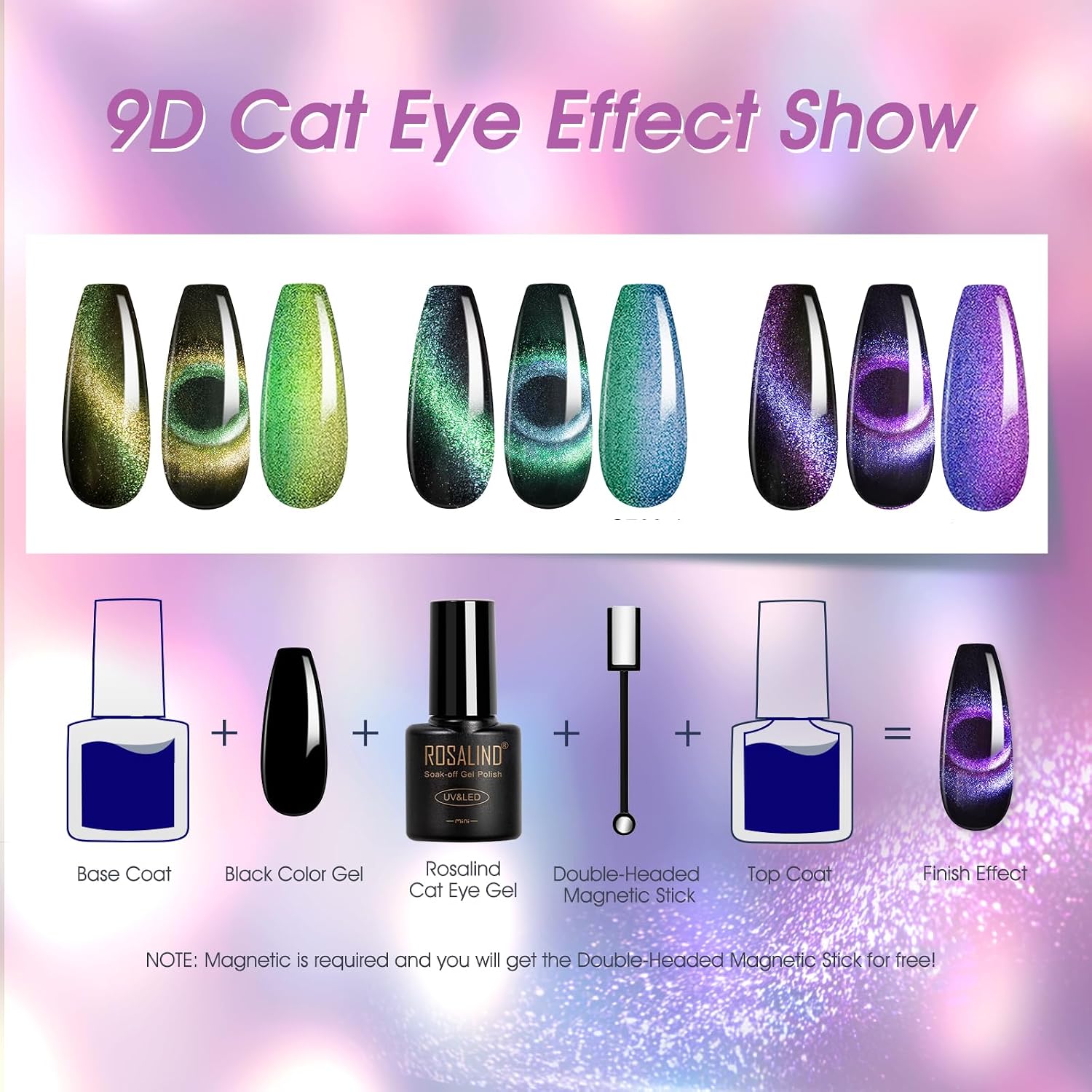 ROSALIND Cat Eye Gel Nail Polish - 12 PCS Glitter Magnetic Gel Polish with Magnet Soak Off UV Cured Manicure Set, Green Purple Black Galaxy Cateye Colors Long Lasting Nail Art Gift for Home and Salon