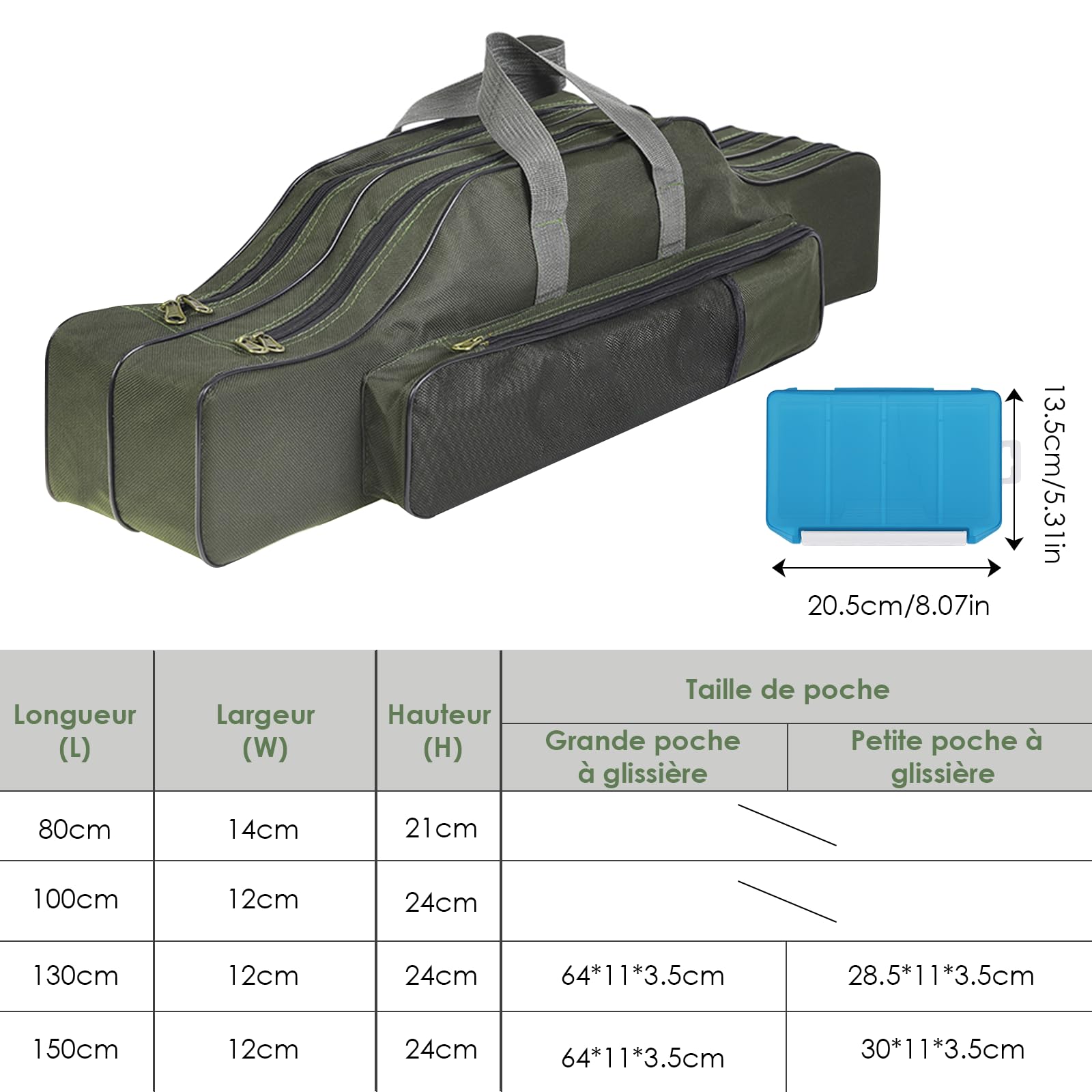Sac de pêche pour Cannes avec boîte de Rangement, 80 cm/100 cm/130 cm/150 cm, Housse de Transport 3 Compartiments avec bandoulière, Pliable et imperméable, pour pêche en extérieur
