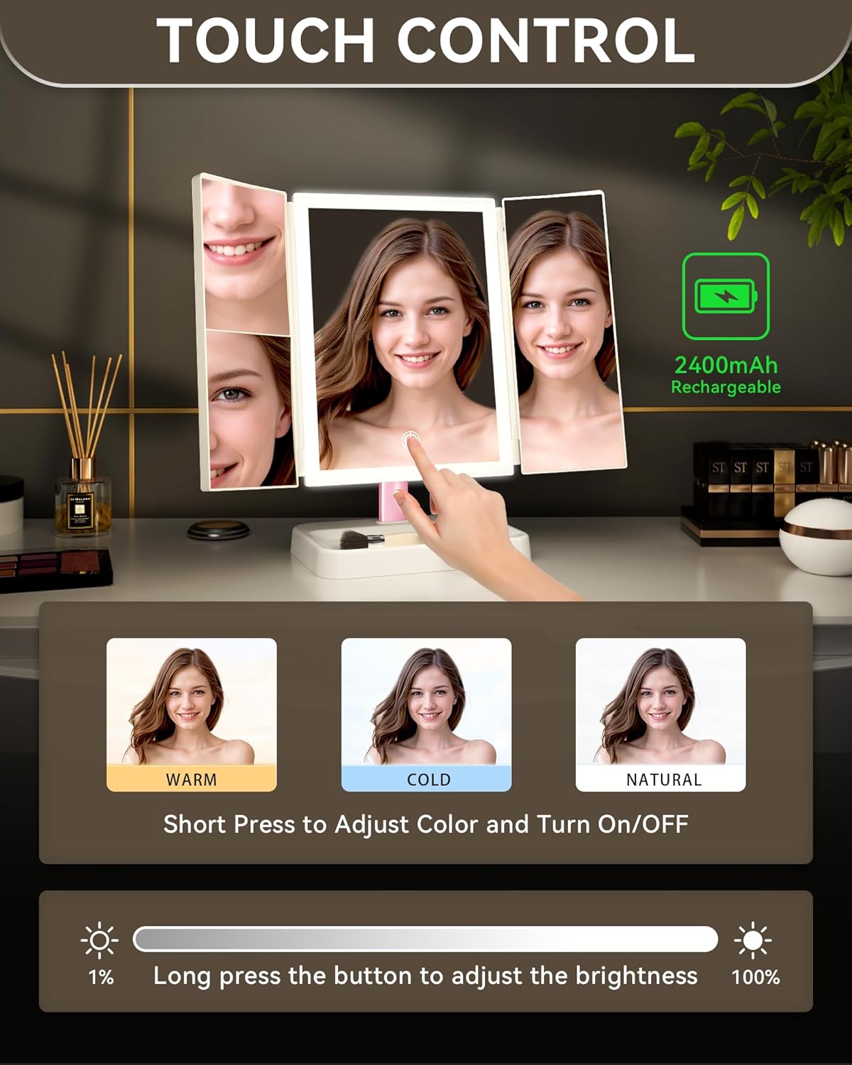 Makeup Mirror Vanity Mirror with Lights, 1X, 2X, 3X Magnification, 3 Color Lighting,Touch Sensor Dimmable, Light Up Tabletop Cosmetic Mirror - Image 2