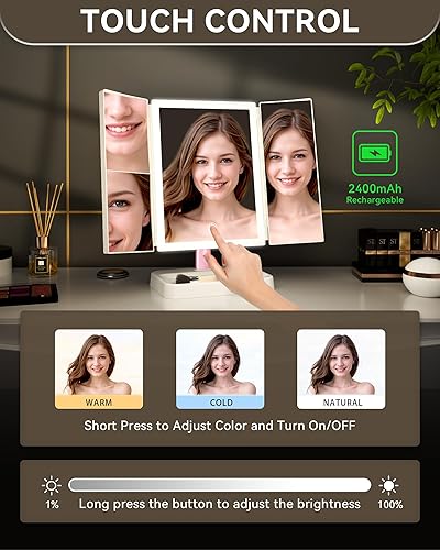 Miniatura 2 de Espejo de maquillaje iluminado, espejo de tocador regulable con luces, tres modos de iluminación de color y aumento 1X 2X 3X Pavo real B,Peacock