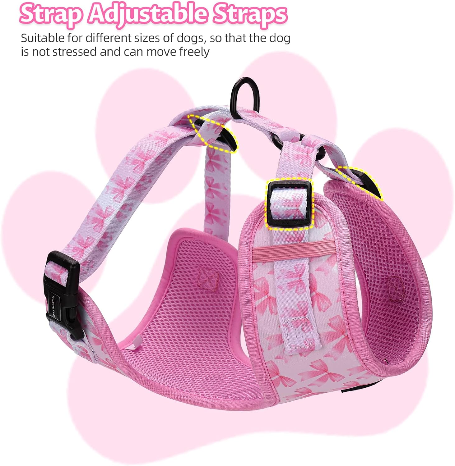 Small Dog Harness and Leash Set of 6, No Pull Soft Lightweight Mesh Puppy Harness, Adjustable Cute Floral Pattern Pet Harness for Small Medium Dogs (Pink Bow, L)