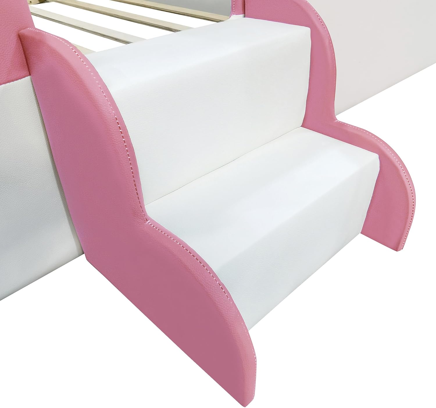 VilroCaz King Size Upholstered Daybed Frame with Fence and Stairs, Montessori Kids Floor Bed with Sturdy Slat Support for Kids Boys Girls