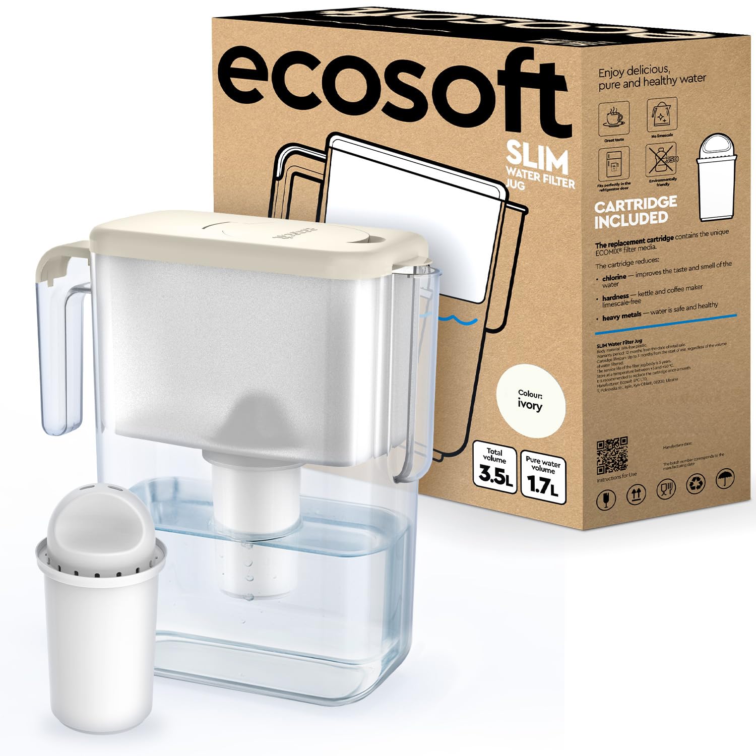Ecosoft Slim Caraffa Filtrante – Colore Avorio, Capacità 3,5 L, Riduce Cloro e Calcare, Design Compatto per il Frigo, Filtro Incluso