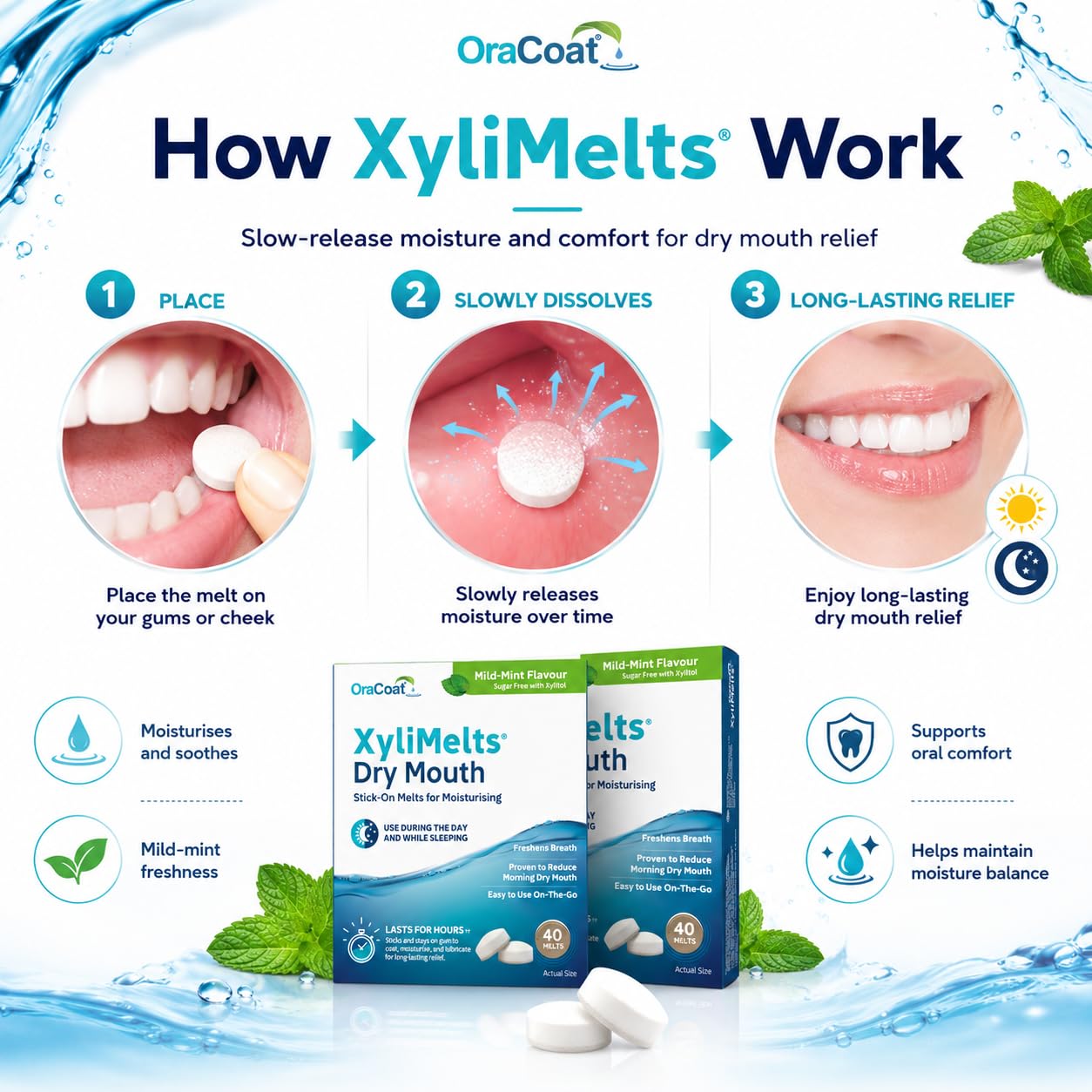 XYLIMELTS – 4 Pastilles adhérentes contre la Sécheresse Buccale et les Caries - Menthe Douce (version d'essai)