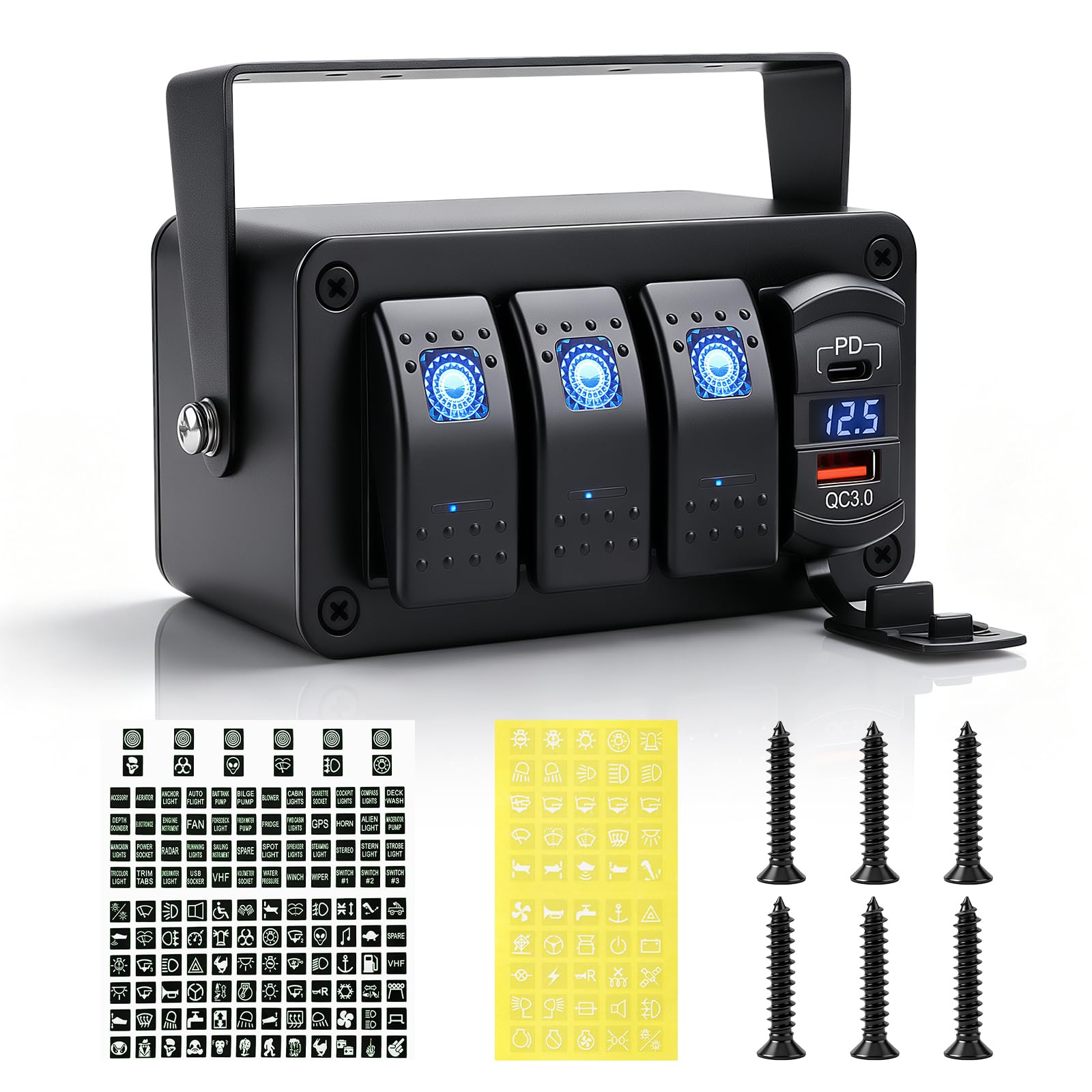 Panel de interruptor basculante de 3 marchas, 12 V/24 V, resistente al agua, con voltímetro digital PD tipo C y QC3.0, puerto de carga, para RV, marino, barco, coche, camión