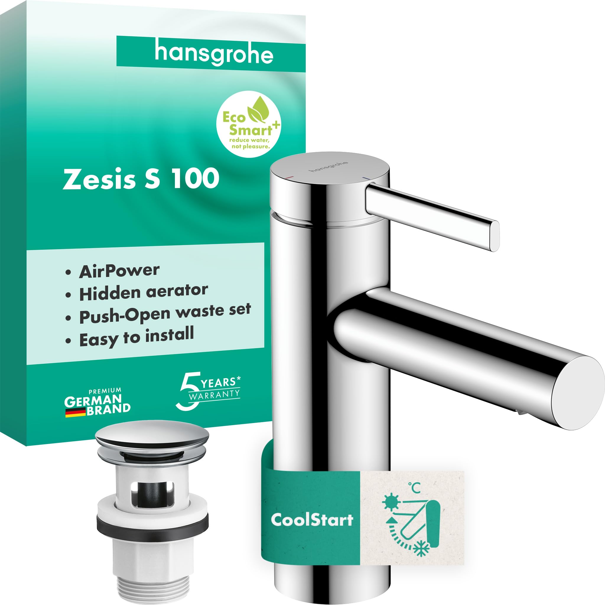 hansgrohe Zesis S - Bathroom tap with Push-Open Waste Set, Energy-Saving (CoolStart), Bathroom Sink tap with spout Height 104 mm, Basin Mixer tap Water-Saving (EcoSmart+), Chrome, 74724000