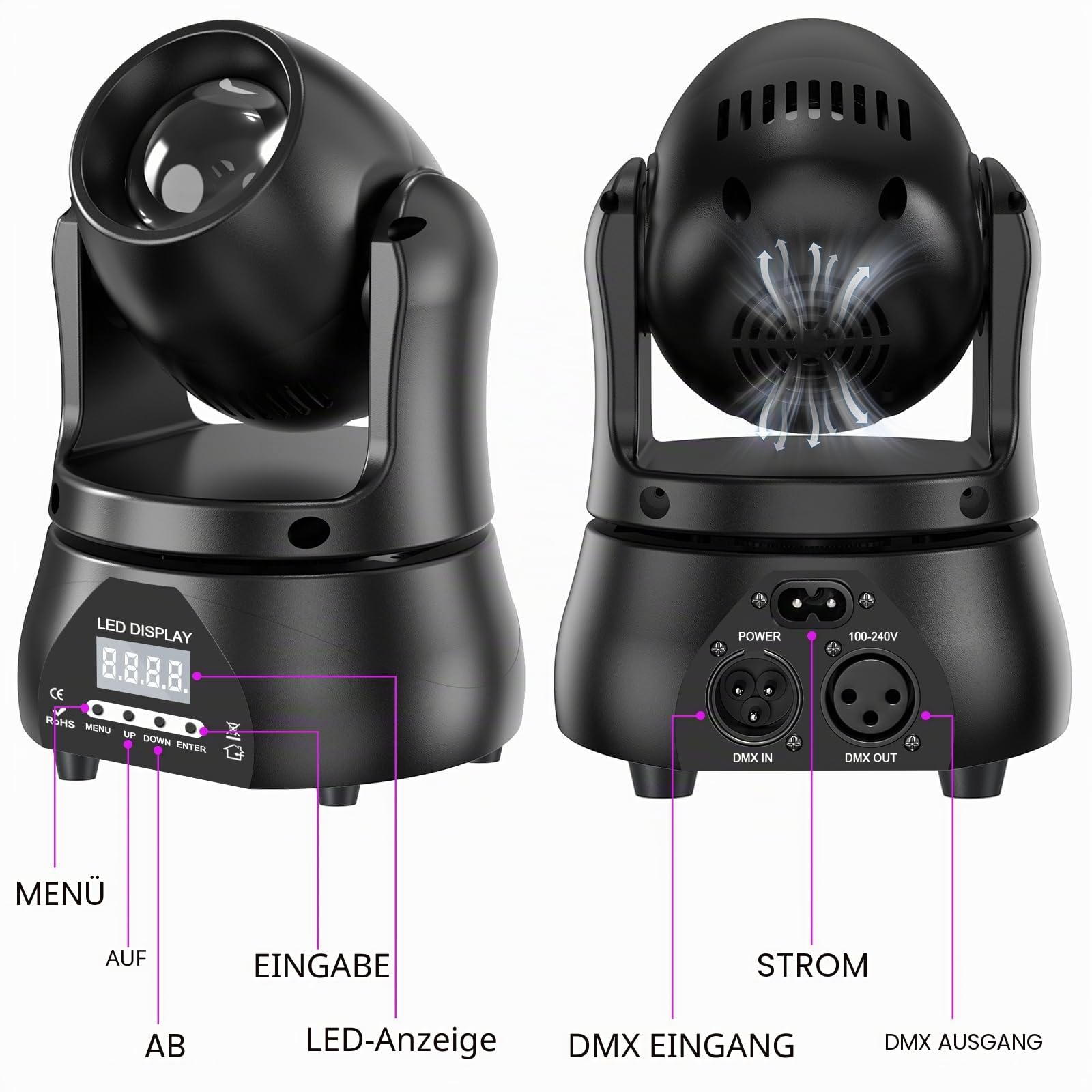 2PCS 60W Mini Moving Head Partylicht, RGBW LED Disco Beam Bühnenlicht DMX512 Sprachsteuerung Lichteffekt für DJ Hochzeit Halloween Club