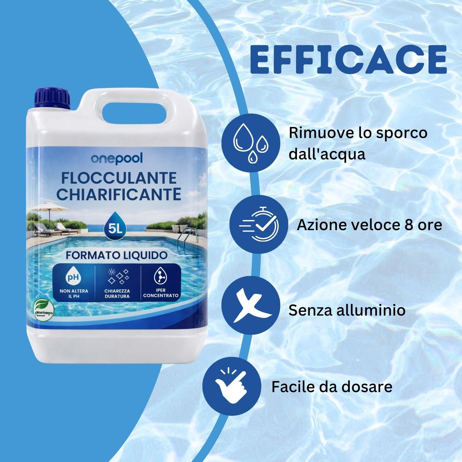 PLANTAWA Flocculante per Piscina 5L | Chiarificatore Acqua Torbida Super Concentrato | Schiarente per Piscina Compatibile con Ogni Trattamento | Sicuro e Senza Sostanze Aggressive