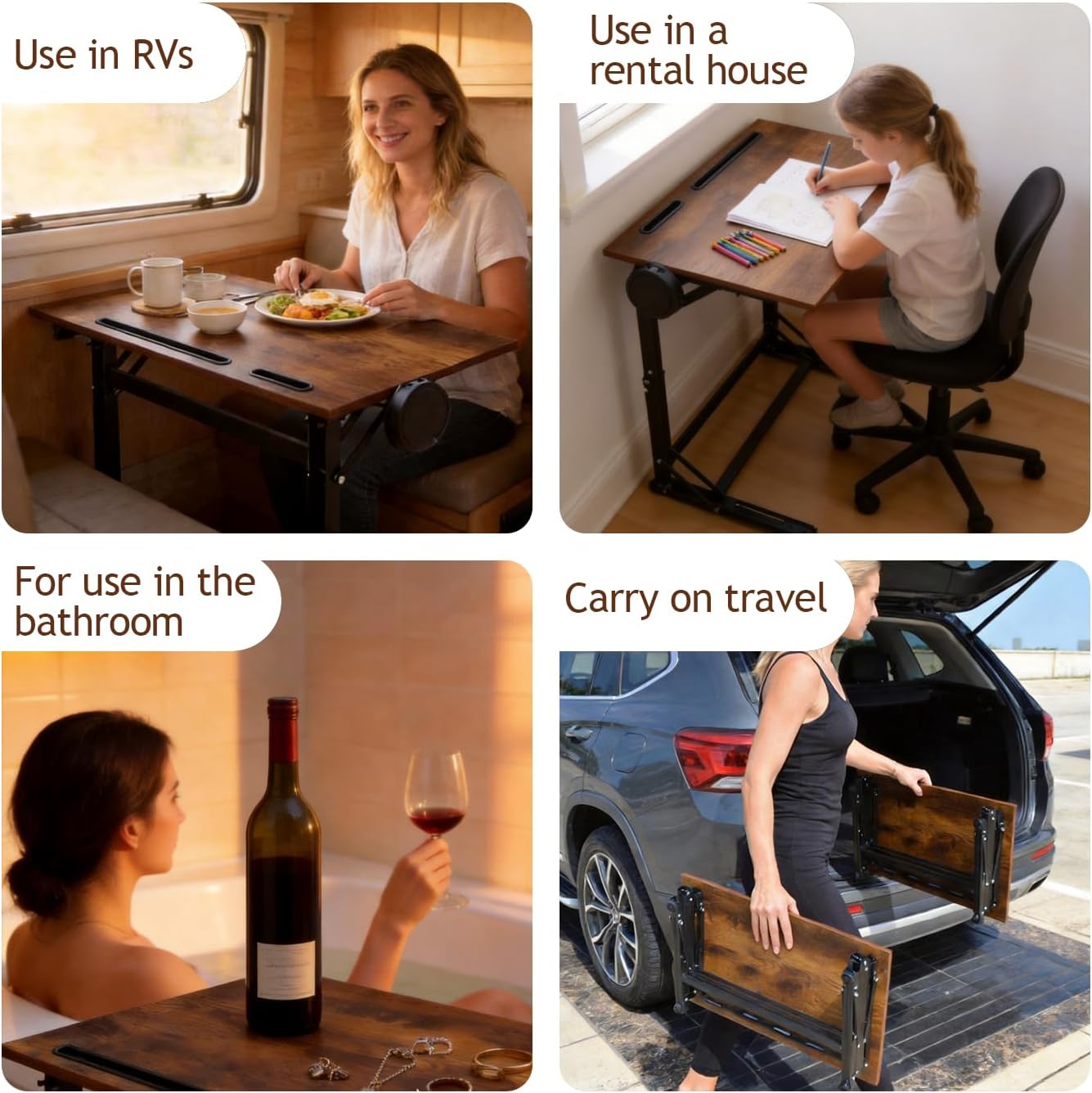 Extra Wide C-Shaped Folding TV Tray Table – Portable Laptop Desk with Cup Holder & Device Slots, No Assembly Rustic Wood Couch End Table for Bed, Sofa or Working