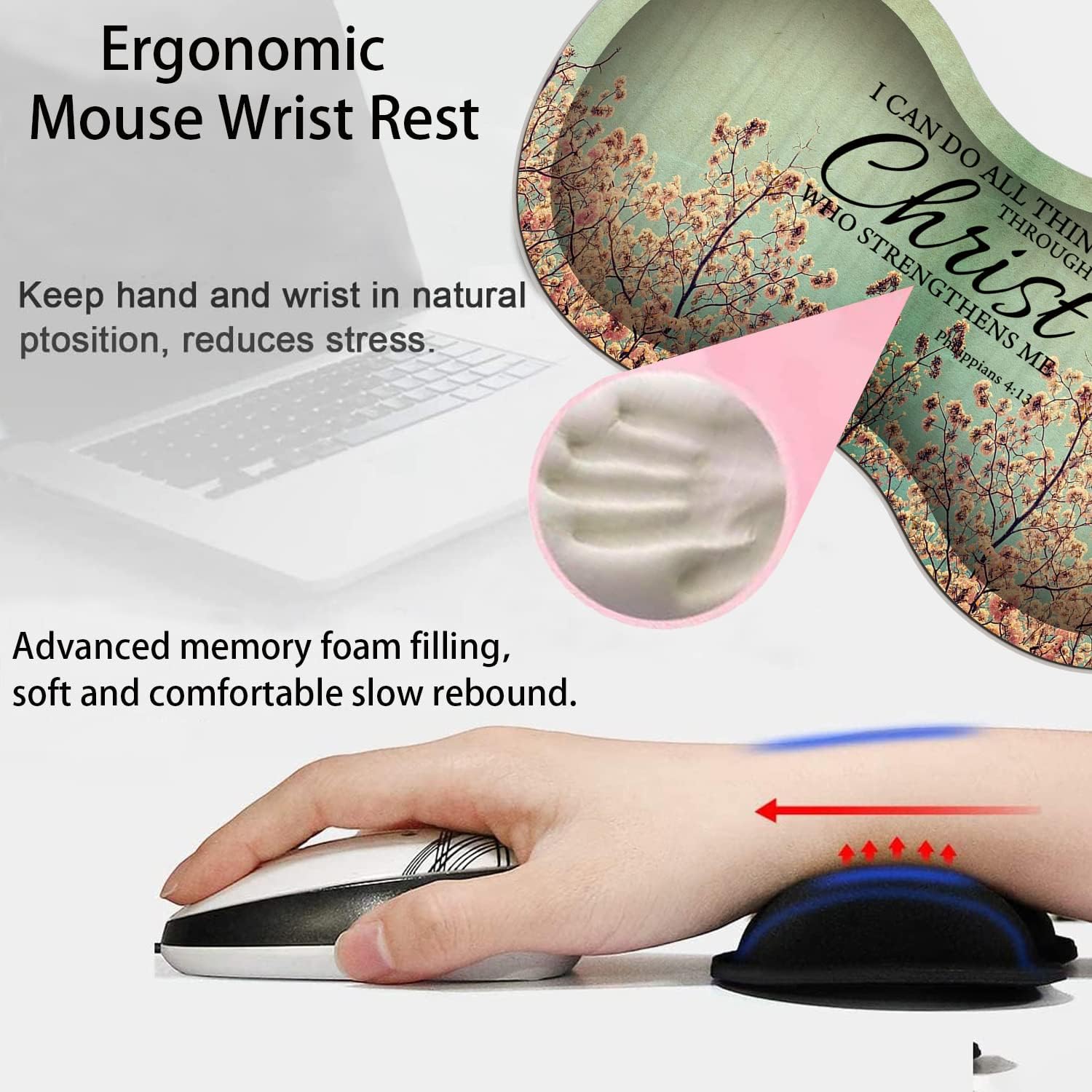 Large Gaming Mouse Pad + Mouse Wrist Rest Pad + Coaster Combination, 31.5 "x 11.8" Durable Non-Slip Extension Table Mat, Suitable for Office and Home, Philippians 4-13 Floral