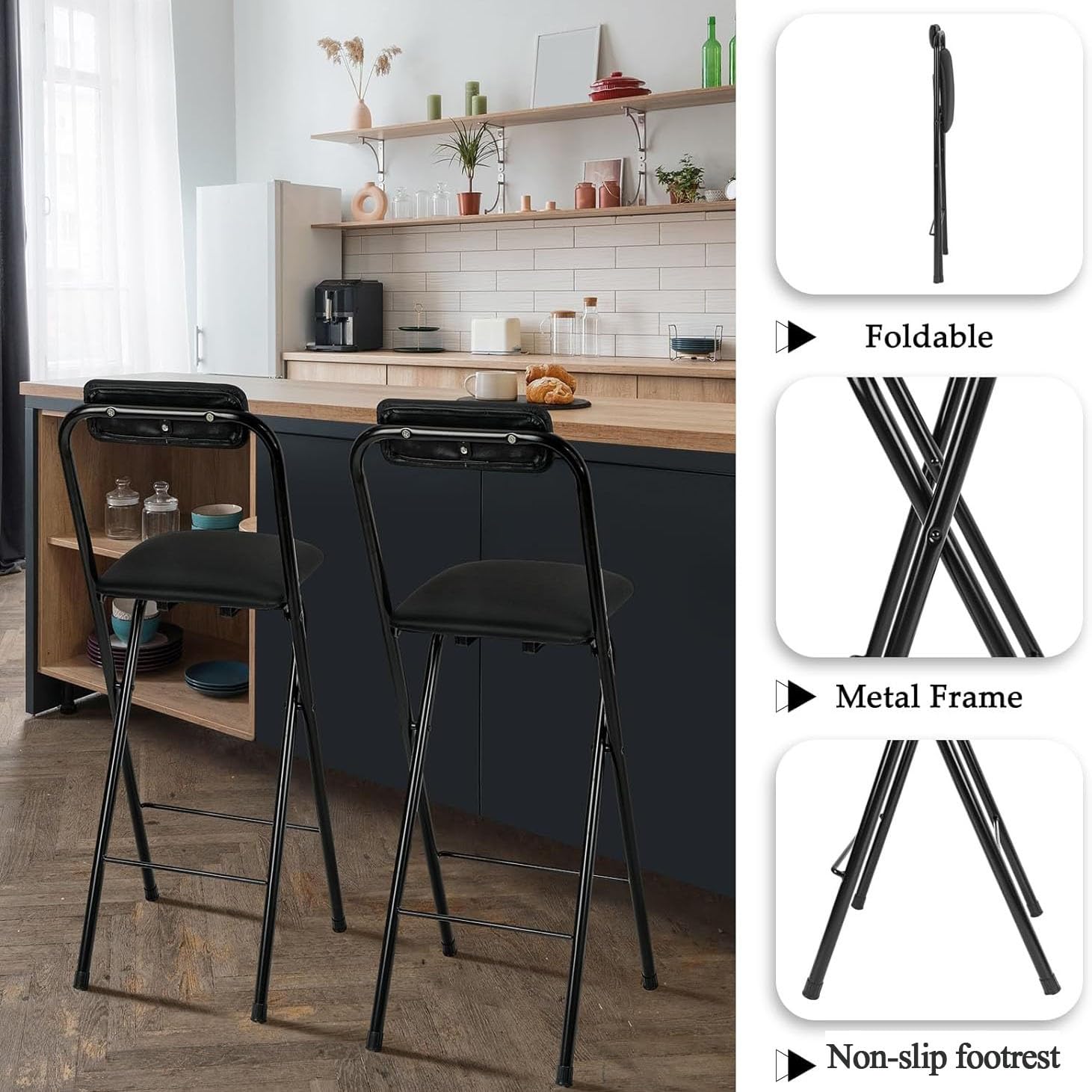 Taburetes de bar plegables de 28 pulgadas con respaldo y reposapiés, sillas de cocina acolchadas de piel sintética de 26 pulgadas, ahorro de espacio, asiento de barra alto para bistró, oficina, pub