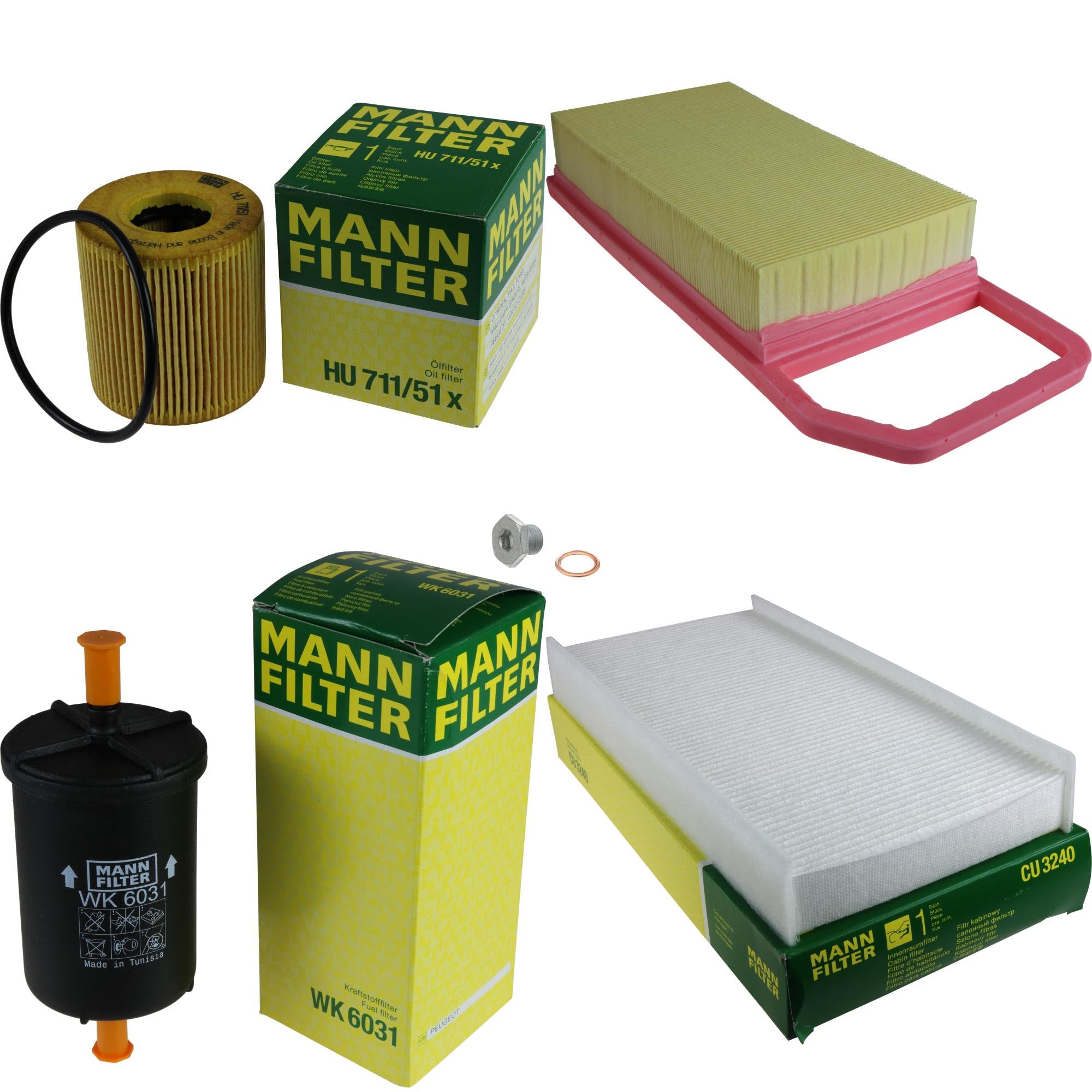 Paquete de inspección Kit de mantenimiento de filtros con filtro de aceite HU 711/51 x, filtro de aire C 35 110, filtro de combustible WK 6031, filtro de habitáculo CU 3240, tornillo de