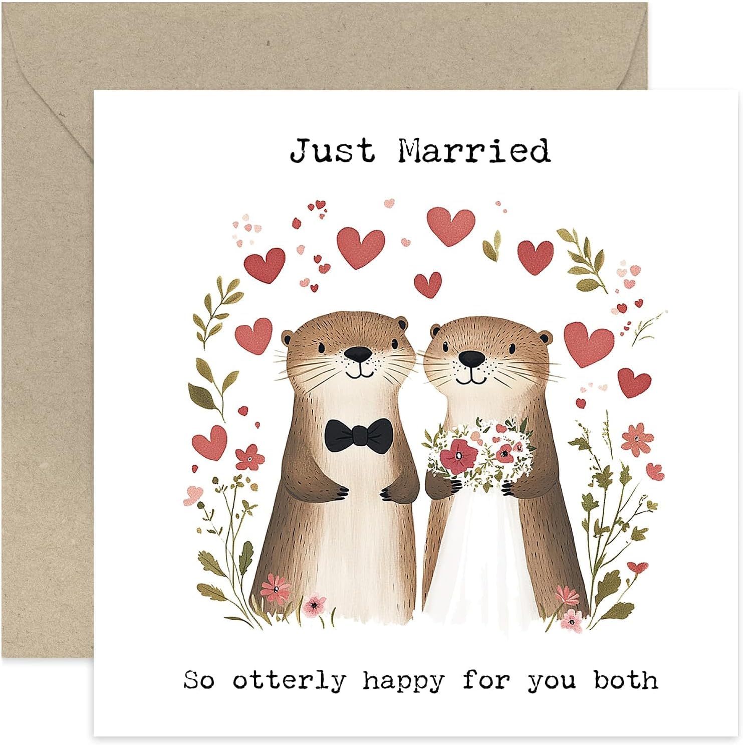 Just Married Otter Wedding Day Card for Husband Wife, Mr and Mrs, Newly Weds - Cute Loveable Gift for Him and Her on Special Day - 'Otterly Happy For You Both' - Fun Design - Blank Inside