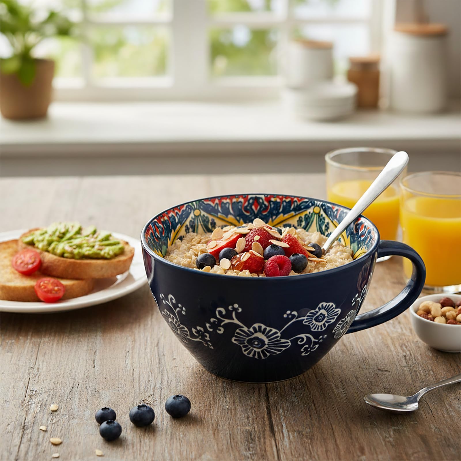Tazza da Zuppa in Ceramica 400 ml con Manico, Ciotola da Zuppa in Ceramica Dipinta a Mano, Resistente al Forno e Microonde - Per Colazione, Müesli, Dessert, Latte, Frutta e Insalata (GLD)