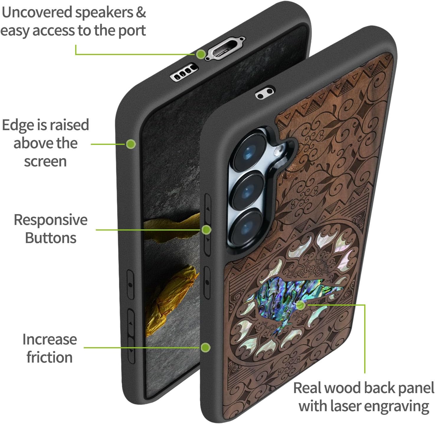 Carveit Designer Wooden Case for Samsung Galaxy S24 FE Case [Wood Engraving & Shell Inlay] Compatible with Wireless Chargers S24 FE Cover (The Zentangle Crow-Walnut)