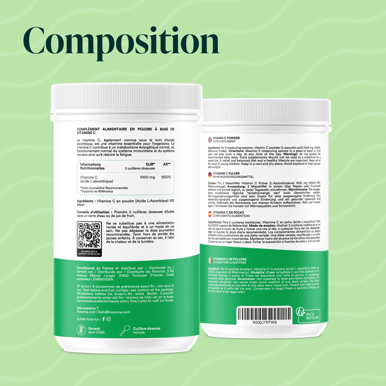 NOVOMA Vitamine C Pure 1kg, 1000mg par dose, Acide L-Ascorbique en Poudre Ultra Fine, Puissant Antioxydant, Système Immunitaire & Fatigue, Cuillère Doseuse Incluse