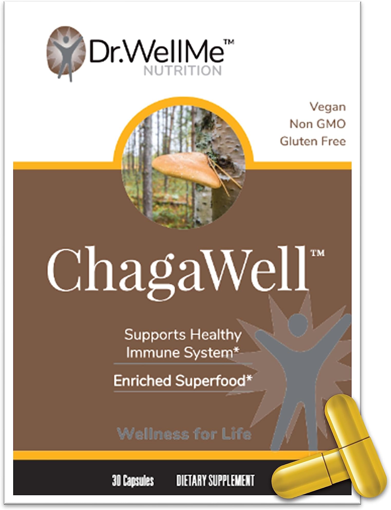 ChagaWell™ 500mg Chaga Mushroom Capsules - Focus, Mental Clarity, Immune Booster for Men and Women, Non-GMO & Gluten Free Supplement (30 Vegan Capsules)